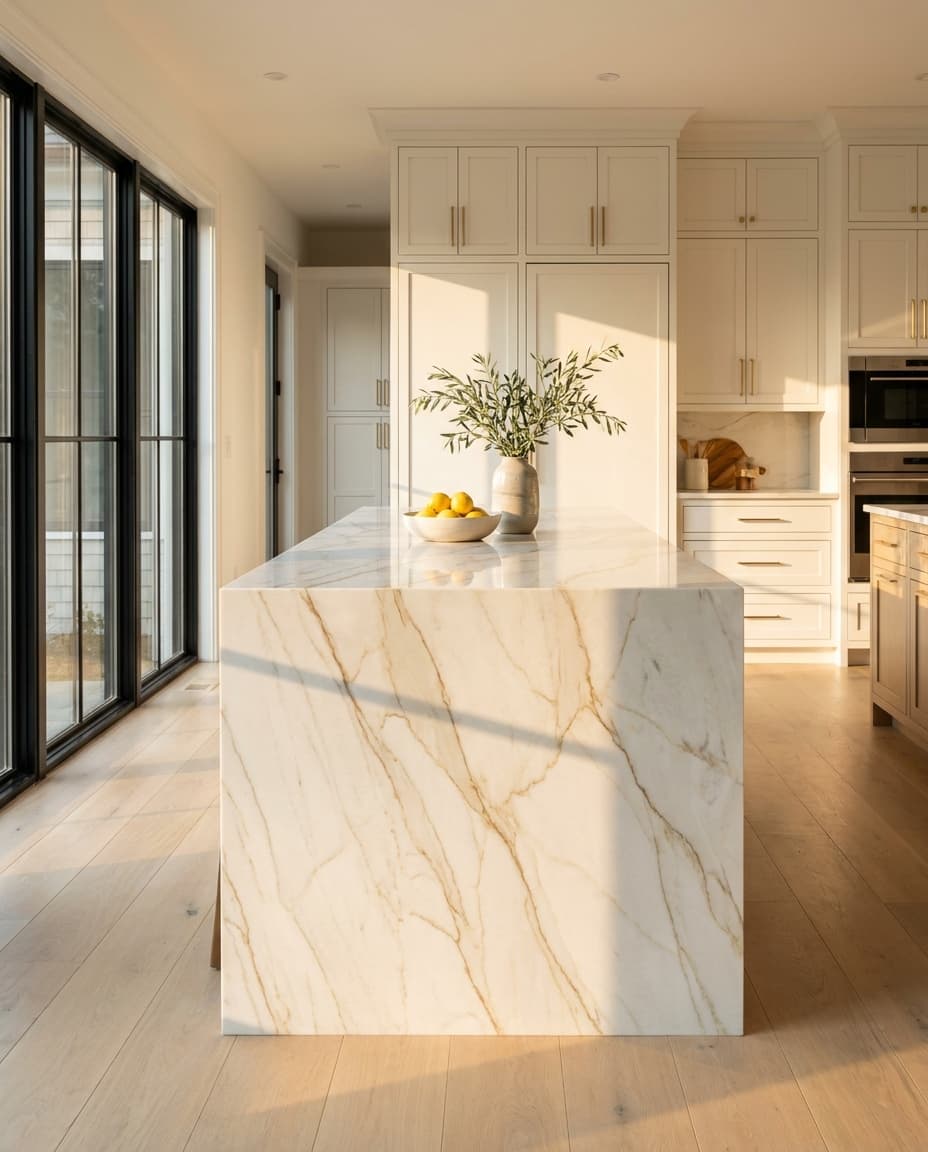 Marble waterfall island in a bright, custom Premier Marble Kitchens kitchen